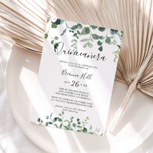 Kalligrafie Script Green Foliage Quinceañera Einladung