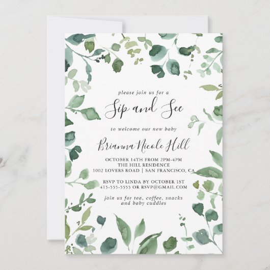 Kalligrafie Script Green Foliage Sip und Siehe Einladung (Vorderseite)