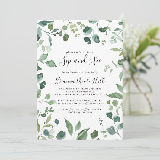 Kalligrafie Script Green Foliage Sip und Siehe Einladung (Stehend Vorderseite)