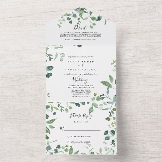 Kalligrafie Script Green Foliage Wedding All In One Einladung (Innen Boden)