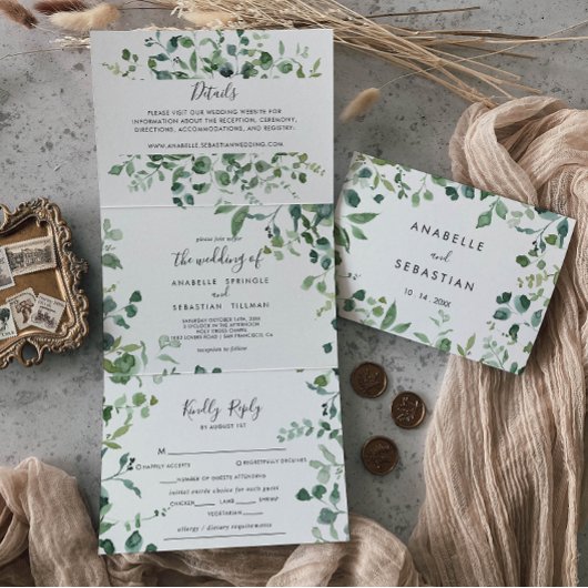 Kalligrafie Script Green Foliage Wedding Dreifach Gefaltete Einladung