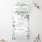 Kalligrafie Script Green Foliage Wedding Dreifach Gefaltete Einladung (Innenseite)