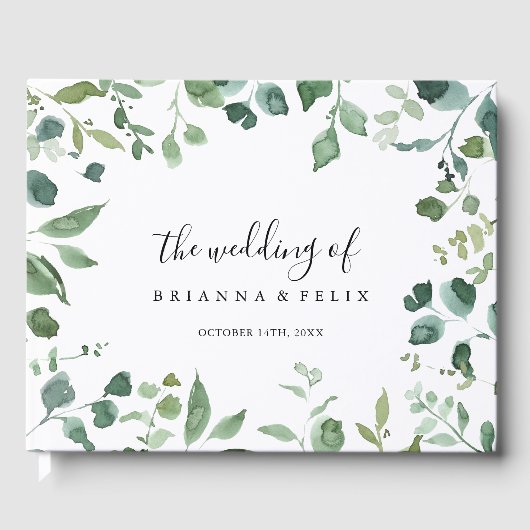 Kalligrafie Script Green Foliage Wedding Gästebuch (Vorderseite)