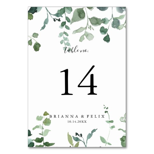 Kalligrafie Script Green Foliage Wedding Tischnummer (Vorderseite)
