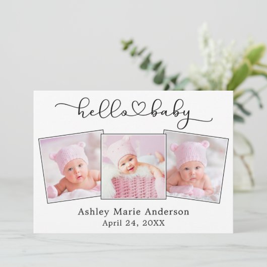 Kalligrafie Script Heart 3 Foto Hello Baby Ankündigung (Stehend Vorderseite)