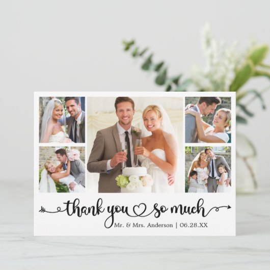 Kalligrafie Script Heart 5 Foto Wedding Dankeskarte (Stehend Vorderseite)