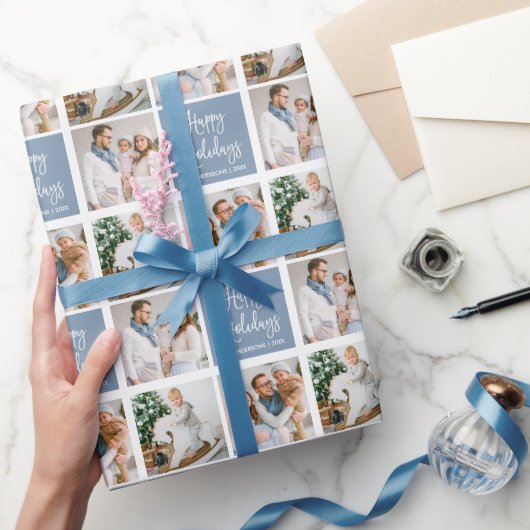 Kalligrafie Script Holiday 3 Foto Dusty Blue Geschenkpapier (Schenken)