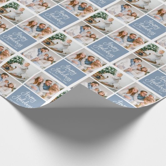 Kalligrafie Script Holiday 3 Foto Dusty Blue Geschenkpapier (Ecke)