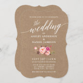 Kalligrafie Script Pink Floral Wedding Kraft Einladung (Vorne/Hinten)