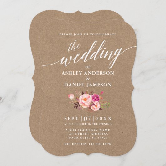 Kalligrafie Script Pink Floral Wedding Kraft Einladung (Vorne/Hinten)