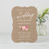 Kalligrafie Script Pink Floral Wedding Kraft Einladung (Stehend Vorderseite)