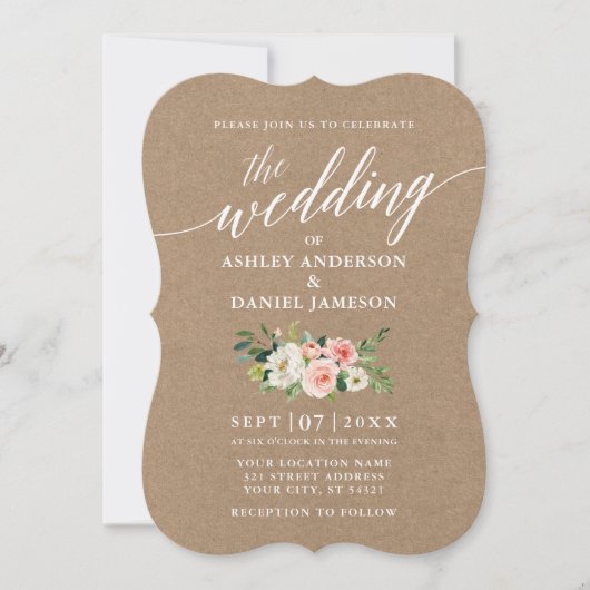 Kalligrafie Script Pink White Floral Wedding Kraft Einladung (Vorderseite)