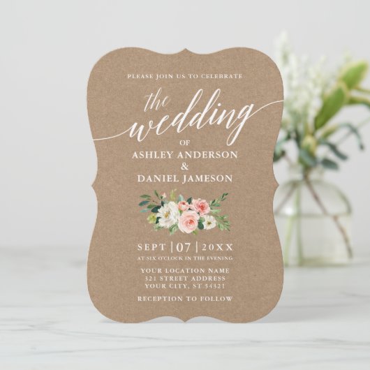 Kalligrafie Script Pink White Floral Wedding Kraft Einladung (Stehend Vorderseite)