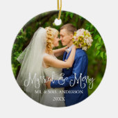 Kalligrafie Script Wedding Foto Verheiratet und Me Keramik Ornament (Vorne)