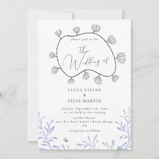 Kalligrafie Seashell & Seetang Beach Wedding Einladung (Vorderseite)