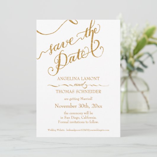 Kalligrafie-Skript für immer in Liebe Gold Glitzer Save The Date (Stehend Vorderseite)