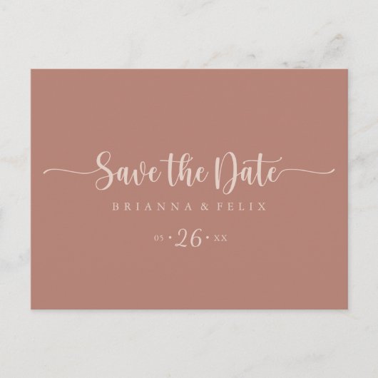 Kalligrafie Terracotta Horizontal Save the Date Postkarte (Vorderseite)