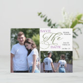 Kalligrafie Typografie Lila Green 2 Foto Save The Date (Stehend Vorderseite)