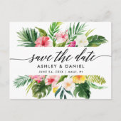 Kalligrafie und tropische Flora Save the Date Postkarte (Vorderseite)