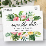 Kalligrafie und tropische Flora Save the Date Postkarte<br><div class="desc">Moderne elegante Kalligraphie,  tropische Wasserfarben,  Blumenzwiebeln und Grün-Hochzeit sichern das Datum Postkarte</div>