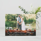 Kalligrafie Unser Abenteuer beginnt mit Hochzeitsf Dankeskarte (Stehend Vorderseite)