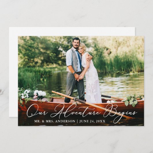 Kalligrafie Unser Abenteuer beginnt mit Hochzeitsf Dankeskarte (Vorne/Hinten)