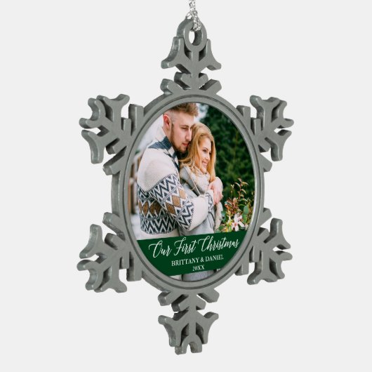 Kalligrafie Unser erstes Weihnachtslied Foto Green Schneeflocken Zinn-Ornament (Links)