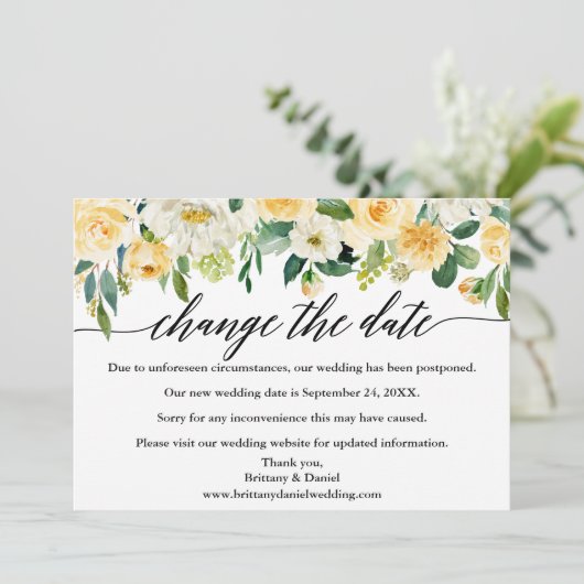 Kalligrafie verändert das Datum der gelben Blumenk Save The Date (Stehend Vorderseite)