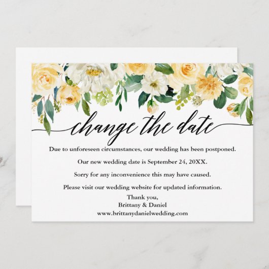 Kalligrafie verändert das Datum der gelben Blumenk Save The Date (Vorne/Hinten)