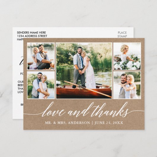 Kalligrafie Wedding Kraft 5 Foto Liebe Dank Postkarte (Vorne/Hinten)