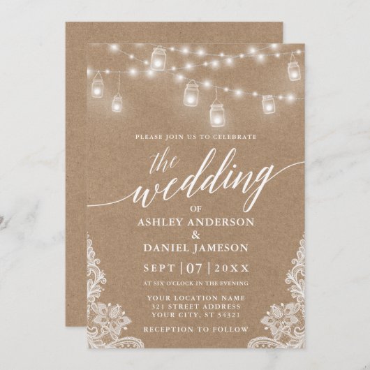 Kalligrafie Wedding Lights Lace Kraft Einladung (Vorne/Hinten)