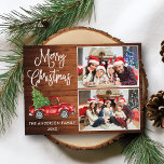 Kalligrafie Weihnachten Vintager LKW Holz 2 Foto Postkarte<br><div class="desc">Moderne Fun Calligrafie Drehbuch Frohe Weihnachten 2 Foto Weihnachtskarte - Wasserfarbe Vintager roter LKW mit Christbaum auf Rustikalem Landwald</div>