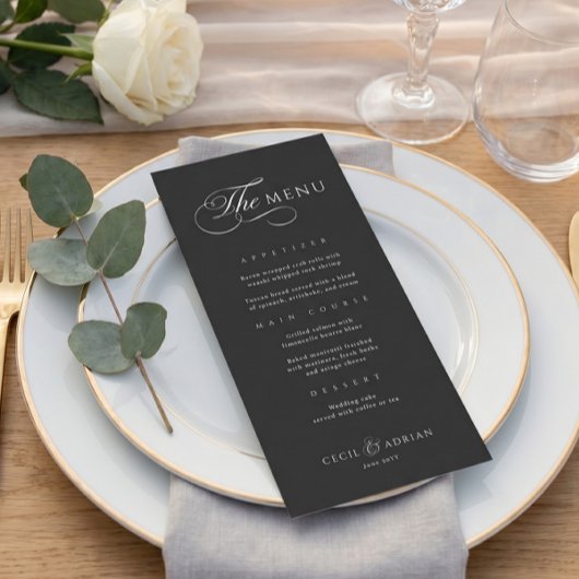 Kalligrafische elegante schwarze Hochzeitsmenü Menükarte