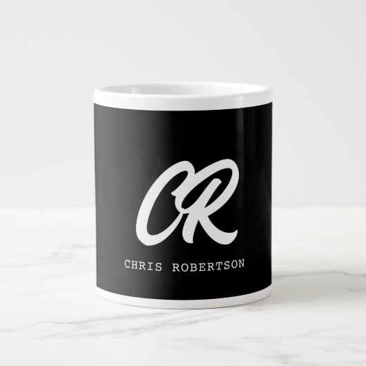 Kalligrafischer Monogrammname Schwarz-weißes benut Jumbo-Tasse (Vorderseite)