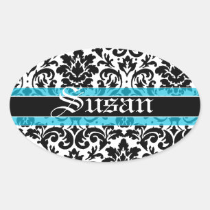 Kalligrafischer Name Art Damask Muster Ovaler Aufkleber