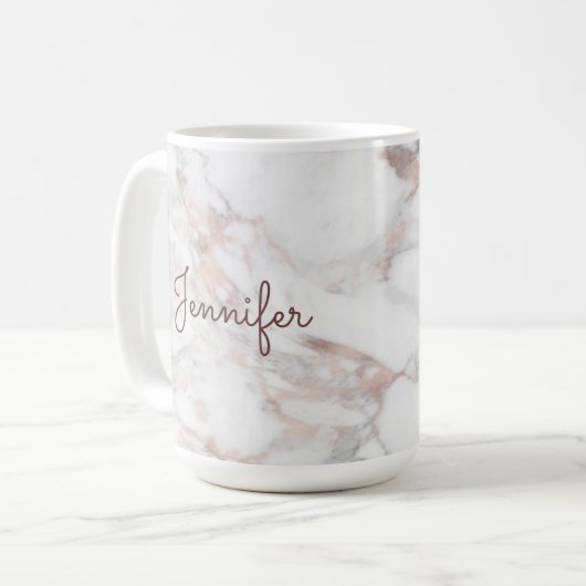 Kalligrafischer Skriptname Rose Gold-Marmorvorlage Kaffeetasse (Vorderseite Links)