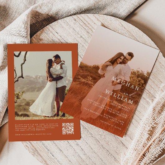 Kalligrafisches Foto Burnt Orange QR Code Hochzeit Einladung