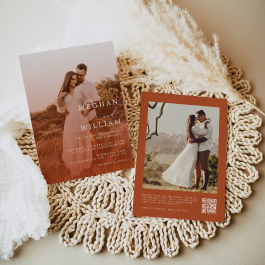 Kalligrafisches Foto Burnt Orange QR Code Hochzeit Einladung