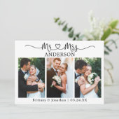 Kalligrafisches Herz 3 Fotos Mr. and Mrs. Wedding Dankeskarte (Stehend Vorderseite)