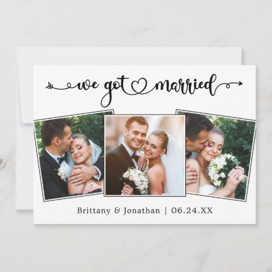 Kalligrafisches Herz Wir Got Verheiratet 3 Fotos H Ankündigung (Vorderseite)