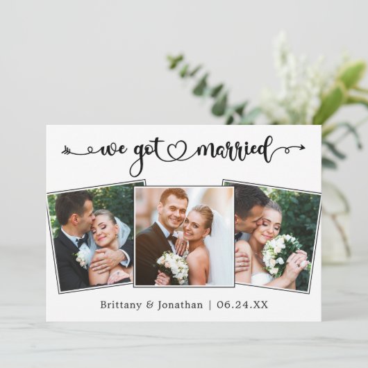 Kalligrafisches Herz Wir Got Verheiratet 3 Fotos H Ankündigung (Stehend Vorderseite)