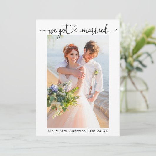 Kalligrafisches Herz Wir Got Verheiratete Foto Hoc Ankündigung (Stehend Vorderseite)