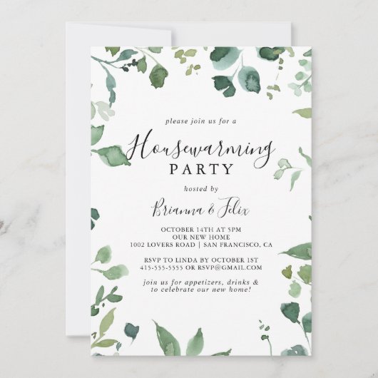 Kalligrafisches Skript Foliage Housewarming Party Einladung (Vorderseite)