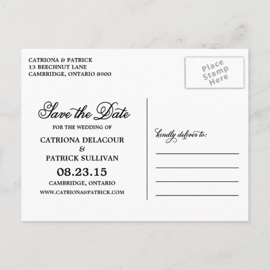 Kalligrafisches Skript-Foto Save the Date Postkart Ankündigungspostkarte (Rückseite)