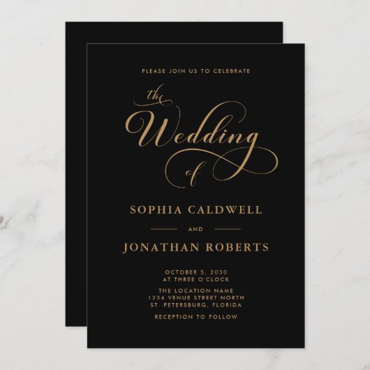 Kalligrafisches Skript QR Code Black Gold Hochzeit Einladung (Vorne/Hinten)