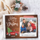 Kalligrafisches Weihnachtsbaumband Feiertagskarte<br><div class="desc">Moderne Fun Calligrafie Script Wasserfarbe Vintager roter LKW mit Weihnachtsbaum,  Sofortkamera Foto Frohe Weihnachtskarte - Rustikales Holz und Rot & Weiß Streifen Kunsthandwerk Tape</div>
