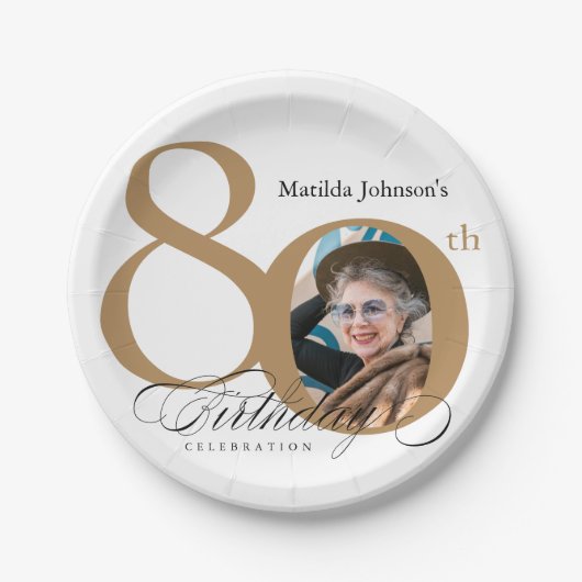 Kalligraphie 80. Geburtstag Elegantes Gold Weißes  Pappteller (Vorderseite)