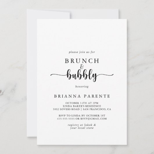 Kalligraphie-Brunch und Bubbly-Brautparty Einladung (Vorderseite)