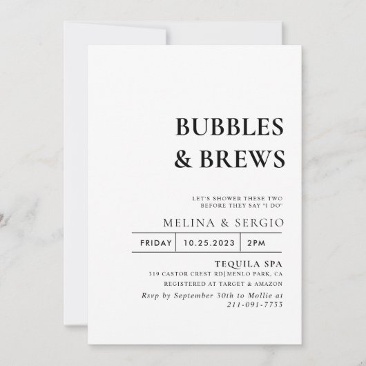 Kalligraphie-Bubbles & Brews-Brautparty Einladung (Vorderseite)