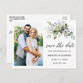 Kalligraphie Grüne Save the Date Foto Postkarte (Vorne/Hinten)